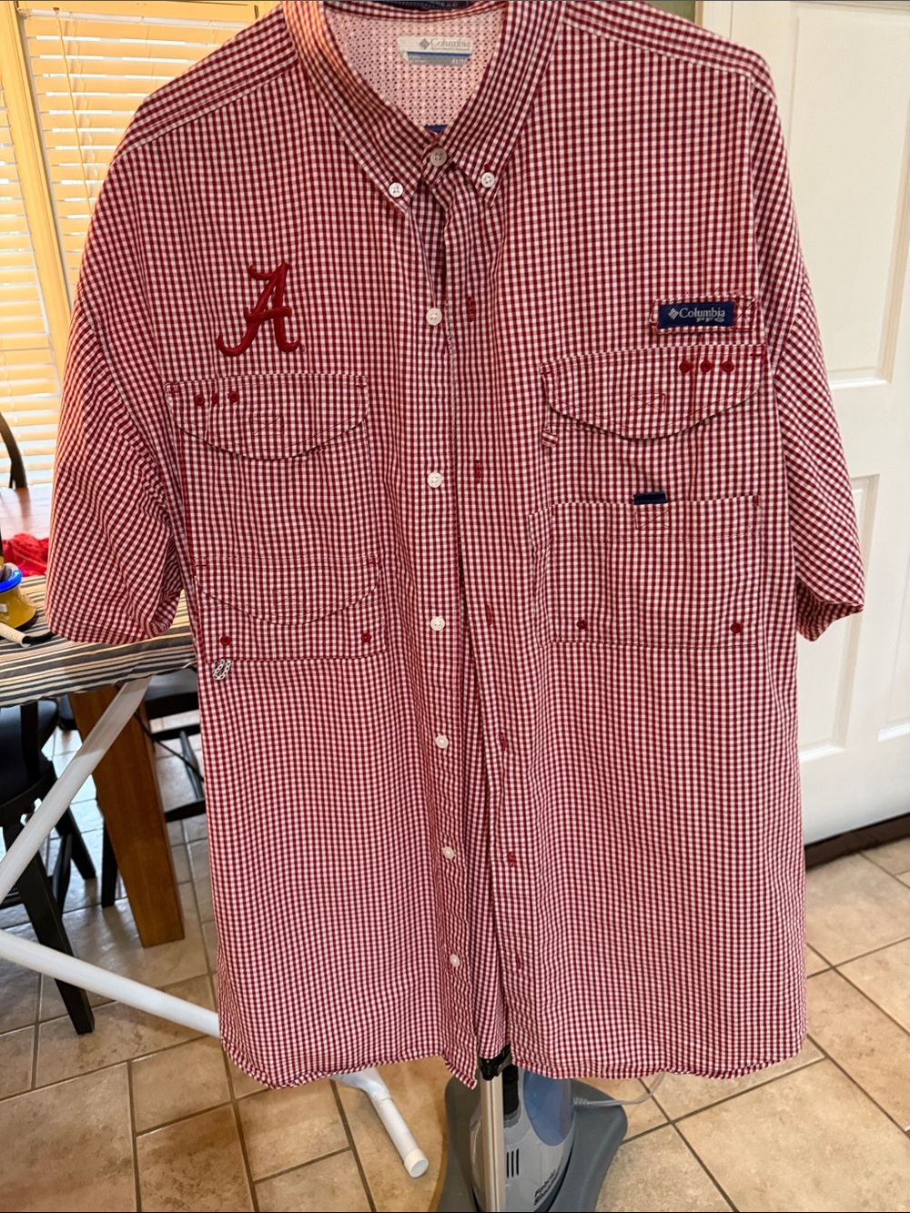 Columbia Men's Red and White Gingham Short-Sleeve Button-Down Shirt